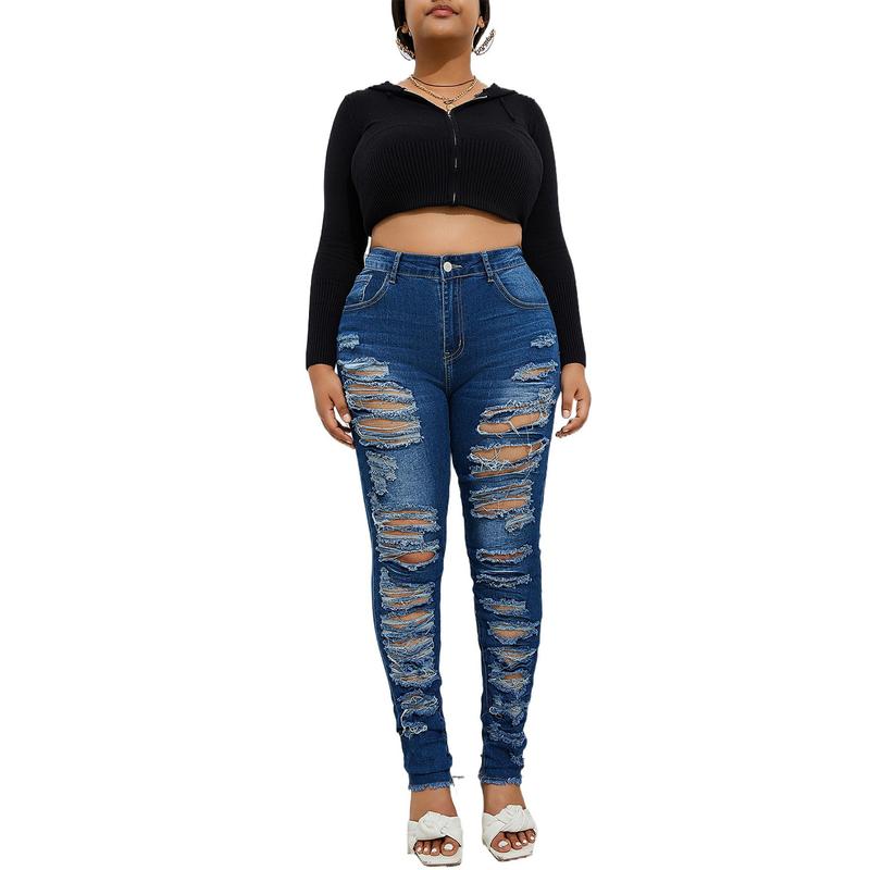 Women's Plus Size Stretchy Skinny  jeans in black Ripped Distressed Denim, Basic Style Ankle-Length Denim Pants