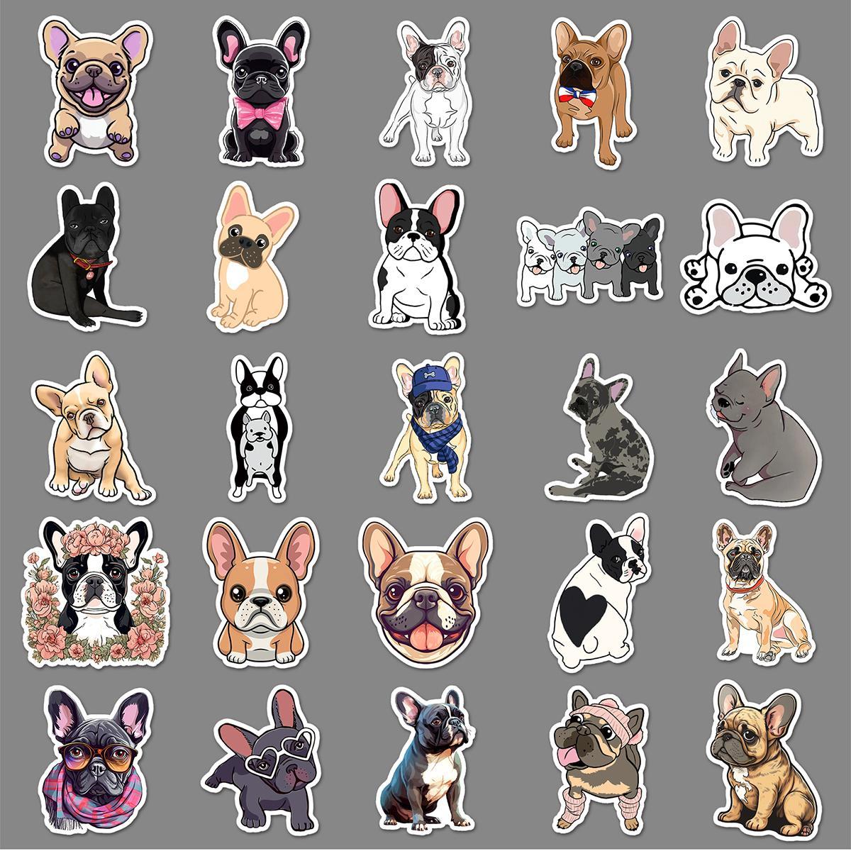 Cartoon French Dog Pattern Sticker, 50pcs Waterproof Self Adhesive Decor Paper, Decor Sticker for Gift Greeting Card Water Bottle Laptop Phone, Funny Stickers