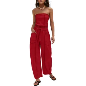 Casual Strapless Jumpsuits off the Shoulder Summer Rompers Sleeveless One Piece Outfits with Pockets