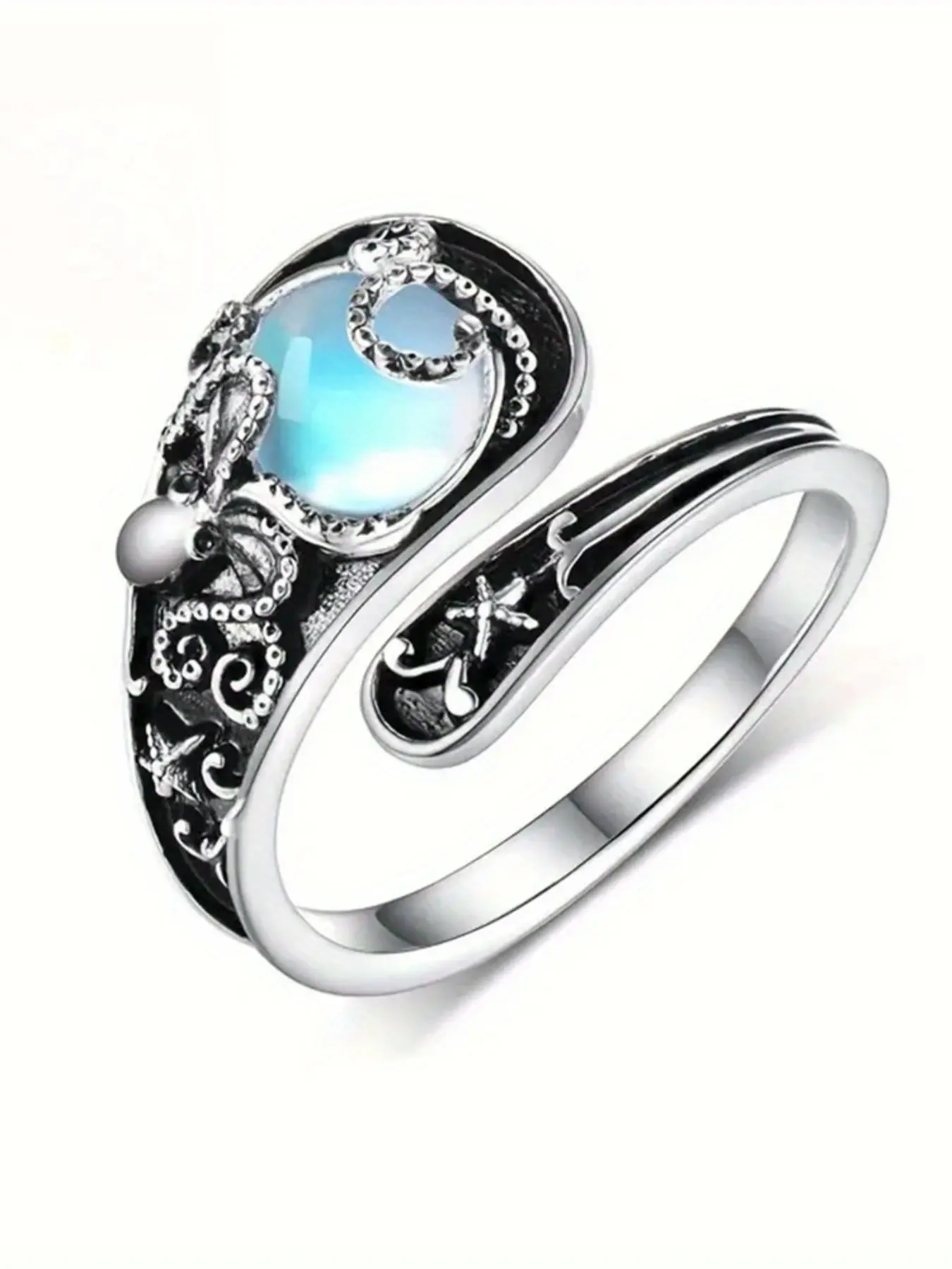 Vintage Bohemian Adjustable Octopus Moonstone Ring, Statement Rings, Elegant Exaggerated Ring, Low Allergy, Elegant Design, Perfect for Daily Wear and Gifting, Seasonal Jewelry with Gift Box