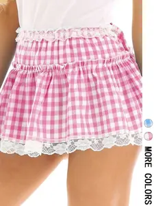 Fresh Lace Midi Skirt, Elastic Waist Ruffle Hem Mini Dress, College Style Daily Vacation, Cute Plaid Short Skirt