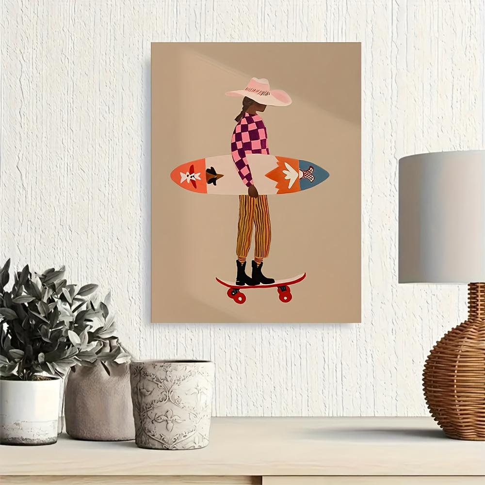 [1pcs] Framed Canvas Painting, Pink Surfer Print Skateboard Beach Art Checkered Pattern Modern Coastal Decor Folk Art Wall Art , 2D Flat, Perfect for Room Decor