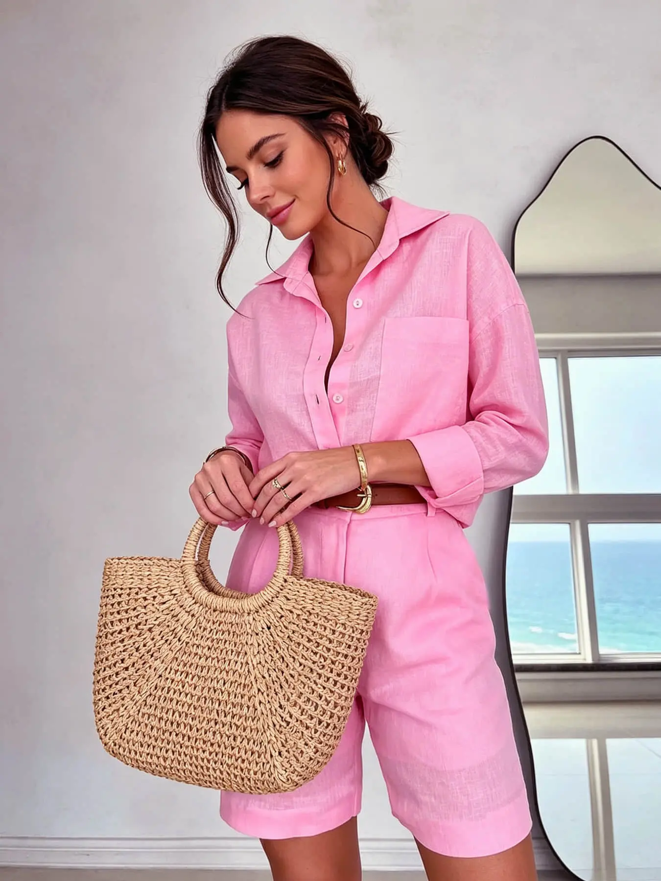 Two-piece, Loose women's French vintage solid-color casual Shorts Matching Set, excluding belt, featuring a long-sleeved shirt and high-waisted shorts, perfect for summer, outdoor activities, seaside vacations, and home leisure