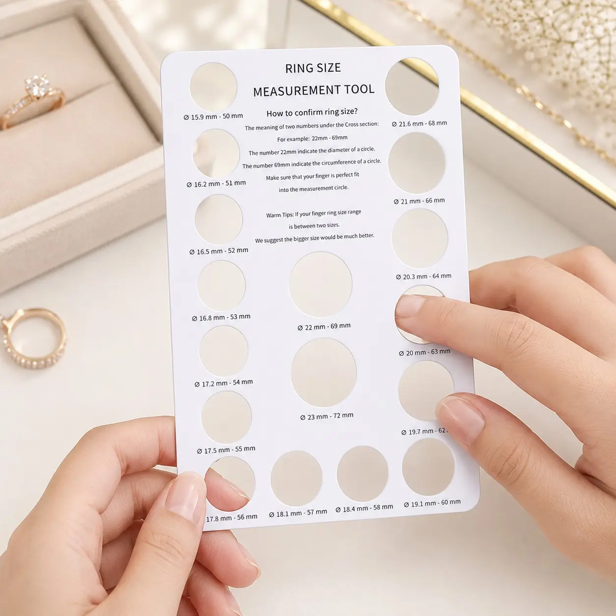 Reusable Ring Size Measuring Card, Portable Finger Circumference Sizing Tool, Accurate US & European Ring Size Gauge, Jewelry Measuring Accessory for Men Women Rings