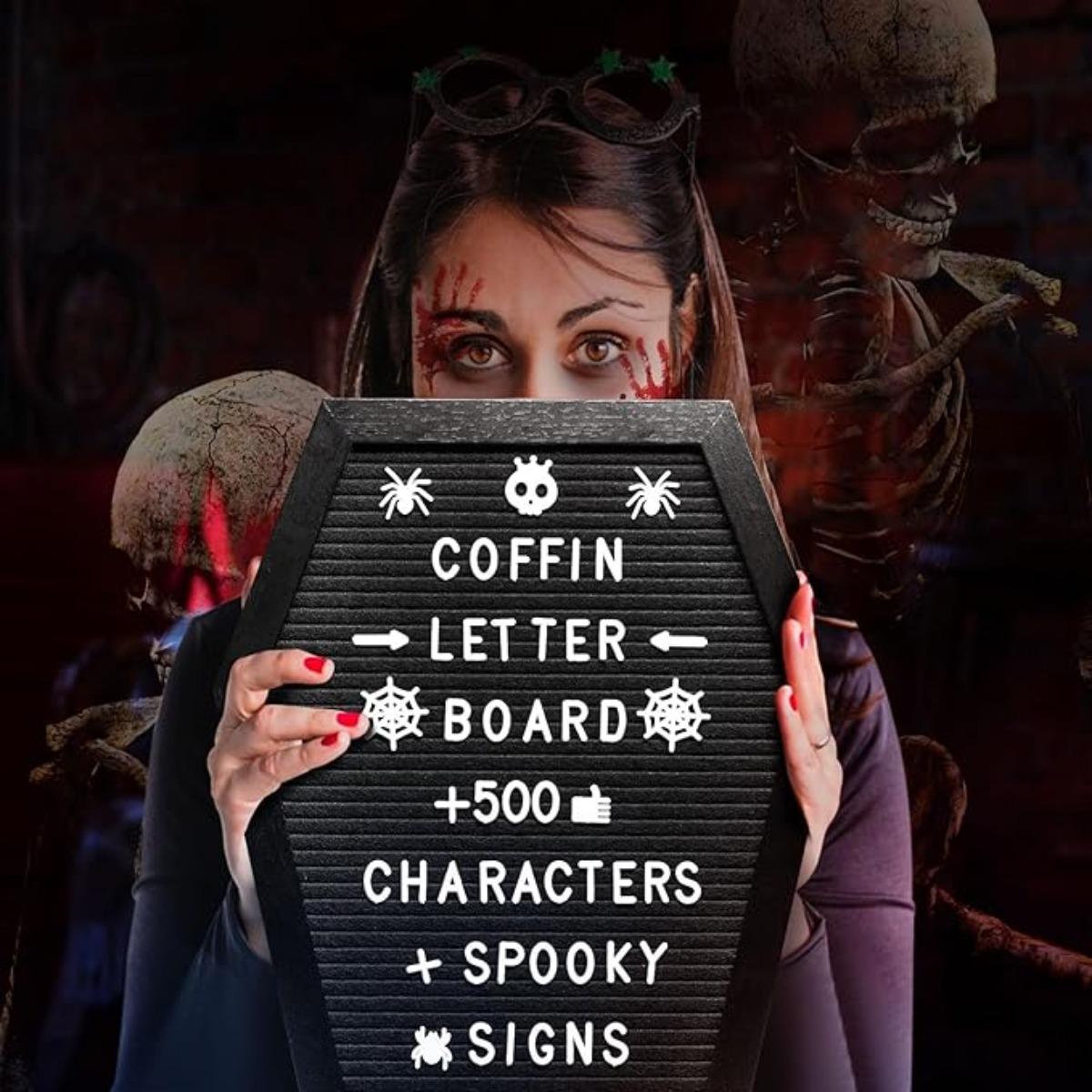 Coffin Letter Board Sign with 500 Characters Spooky Halloween Characters Wooden Stand and Canvas Bag 16 x 11 Inches Halloween Coffin Felt Letter Board for Home Gothic Halloween Decor Coffin Letter Board Sign with 500 Characters Spooky Halloween Characters Wooden Stand and Canvas Bag 16 x 11 Inches Halloween Coffin Felt Letter Board for Home Gothic Halloween Decor