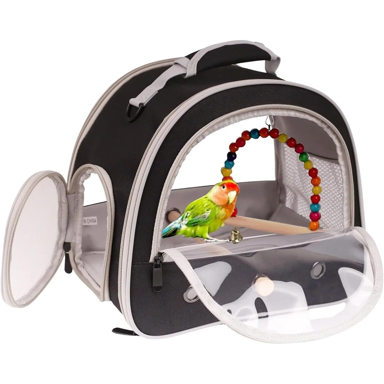 Portable Oxford Fabric Small Bird Carrier Bag with Breathable Vent, Left-Right Mesh, PVC Window, Standing Perch, Swing Toy & Colorful Toy Set (Black)