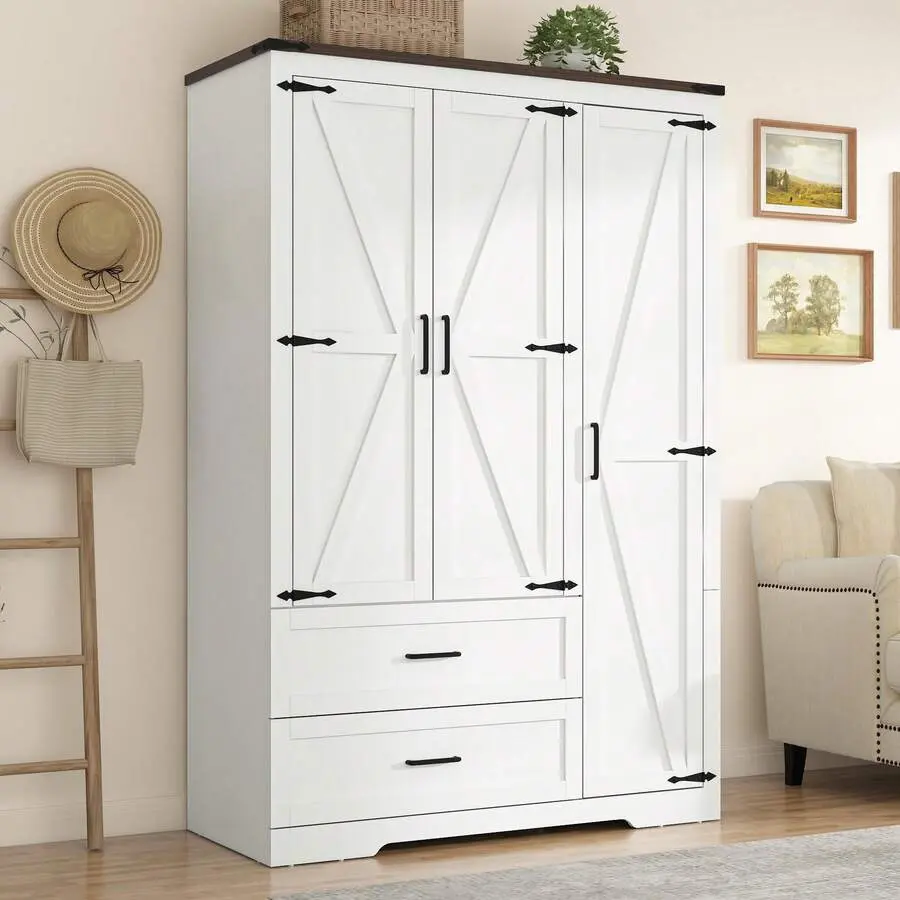 70.1" Farmhouse Rectangular MDF Wood Clothes Wardrobe Armoire - 3 Doors, 2 Drawers, Hanging Rod, Freestanding Single Unit Large Capacity Storage Cabinet for Bedroom, Requires Assembly