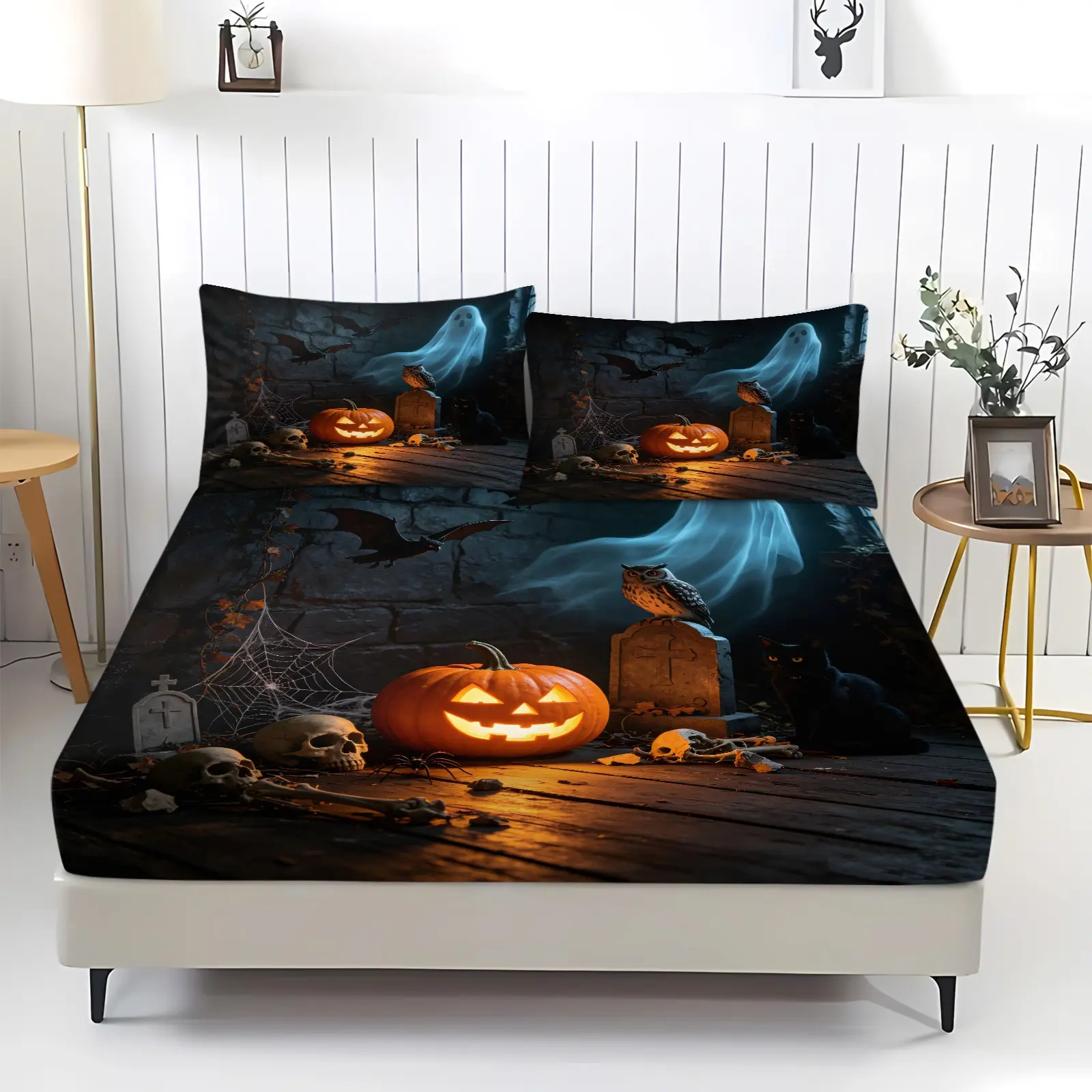 Halloween Ghost Pumpkin Fitted Sheet Set, Gothic Graveyard Owl Black Cat Bat Skull Digital Print Bed sheet set, Elastic Deep Pocket Mattress Cover Bedding Decor, Includes 2 Pillowcases - without Core