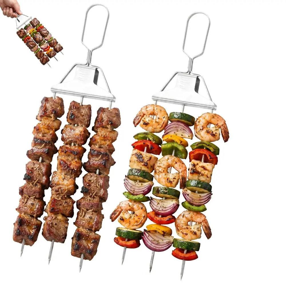 3-Way Grill Skewers, Kabob Sticks,Metal Skewers for Kabobs, 14in Stainless Steel BBQ Skewer with Push-Off Slider, New Skewers for Grilling, Outdoor Grill Accessories for Meat, Barbecue Utensils, BBQ Tools