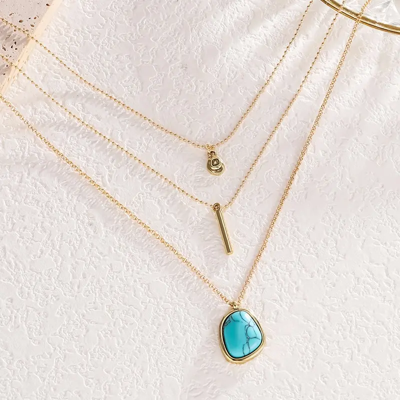 Women's Turquoise Pendant Necklace, Boho Layered Chain Necklace for Women, Western Statement Jewelry with Turquoise Stone, Versatile Everyday Necklace for Vacation, Party, Summer Outfits & Gifts