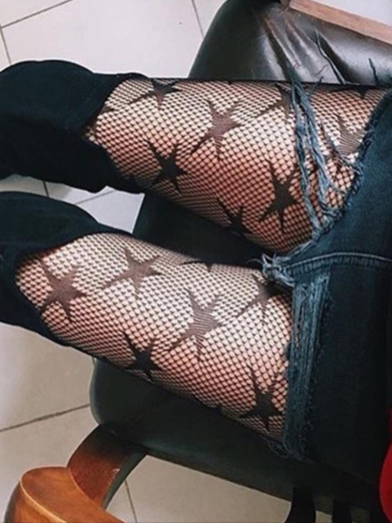 Women's 1 Pair Star Print Sheer Fishnet Tights, Fashion Casual Comfy Hollow Out High Waist Pantyhose for Daily Outdoor Wear, Women's Stockings for Spring & Summer Underwear