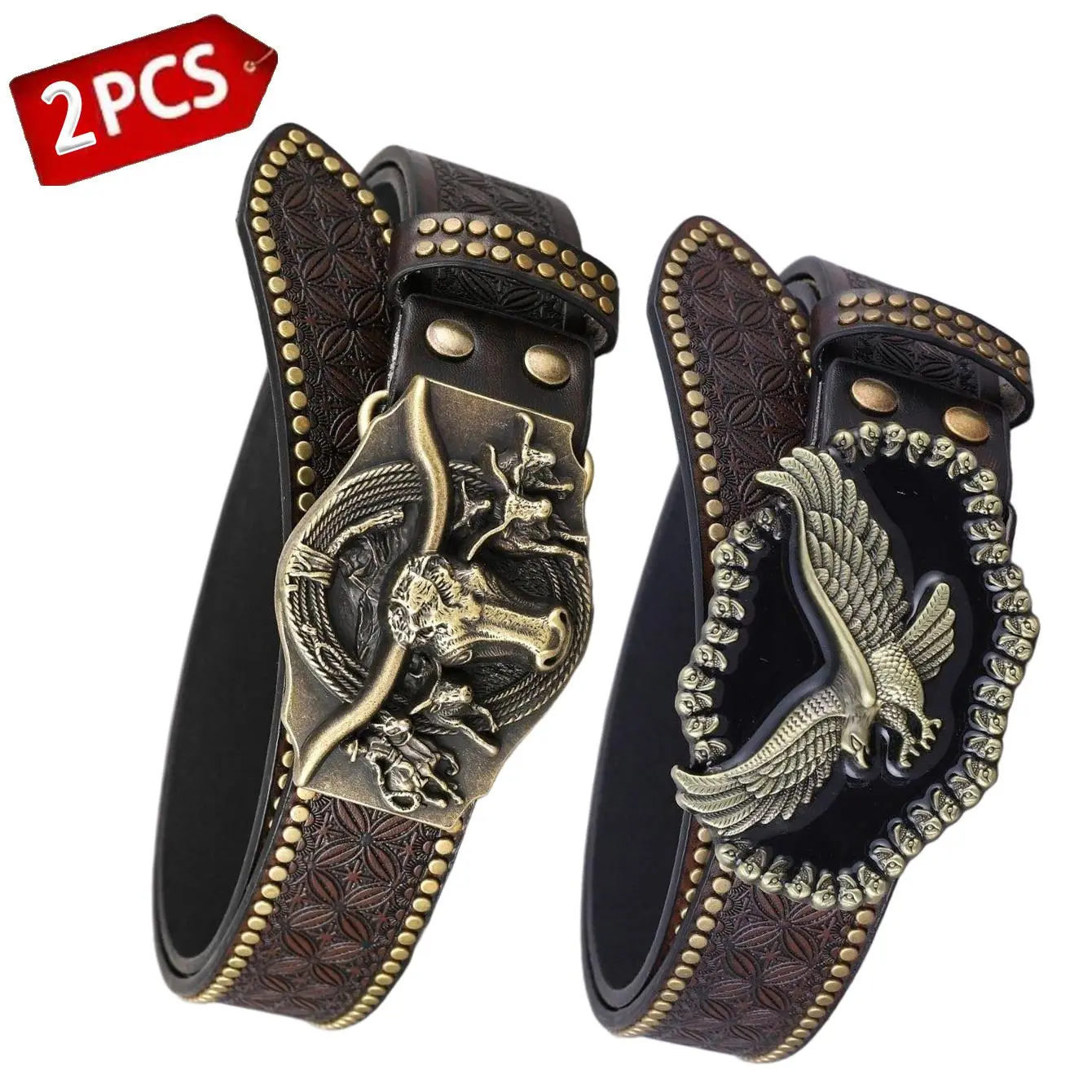 2PCS Western Eagle Buckle Belt with Studded Edge & Tooled Pattern