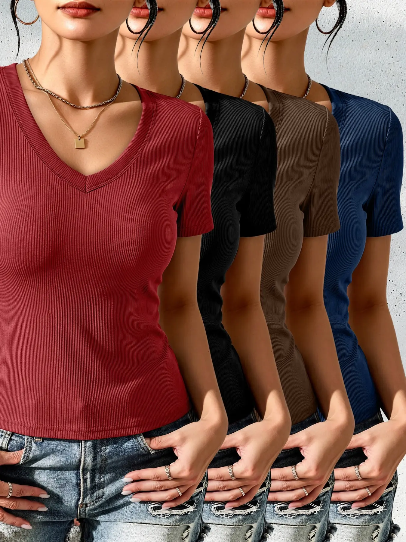 Women's Ribbed V-Neck Short Sleeve T-Shirt 4-Piece Set, Casual Fitted Solid Color, All Seasons Wear, Plain Surface Unlined Design
