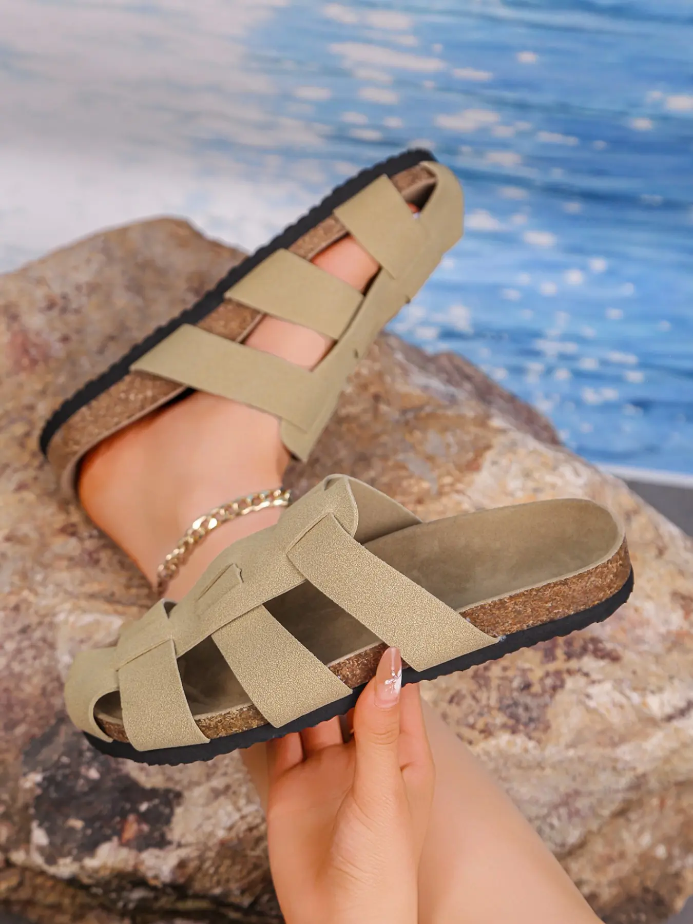 Women's Retro Faux Leather Braided Cork Slippers, Breathable Shock-Absorbing Flat Shoes, Ideal for Vacation & Commute, Lazy Day Comfort, Flat Summer Shoes
