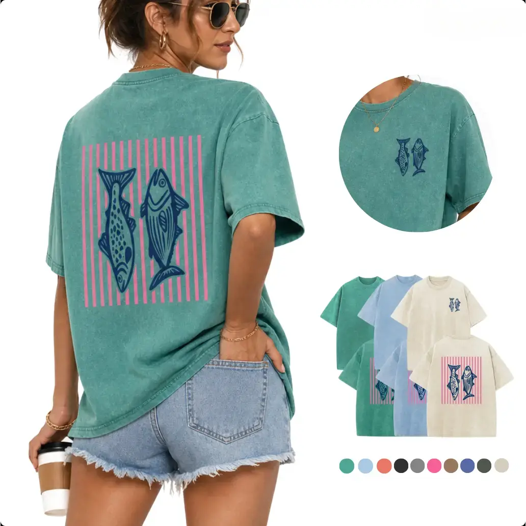 2026 Pure Cotton Dual‑Side Fish Graphic Acid Wash T‑Shirt Retro Pink Striped Printed Unisex Fashion Tees summervibes Casual Top