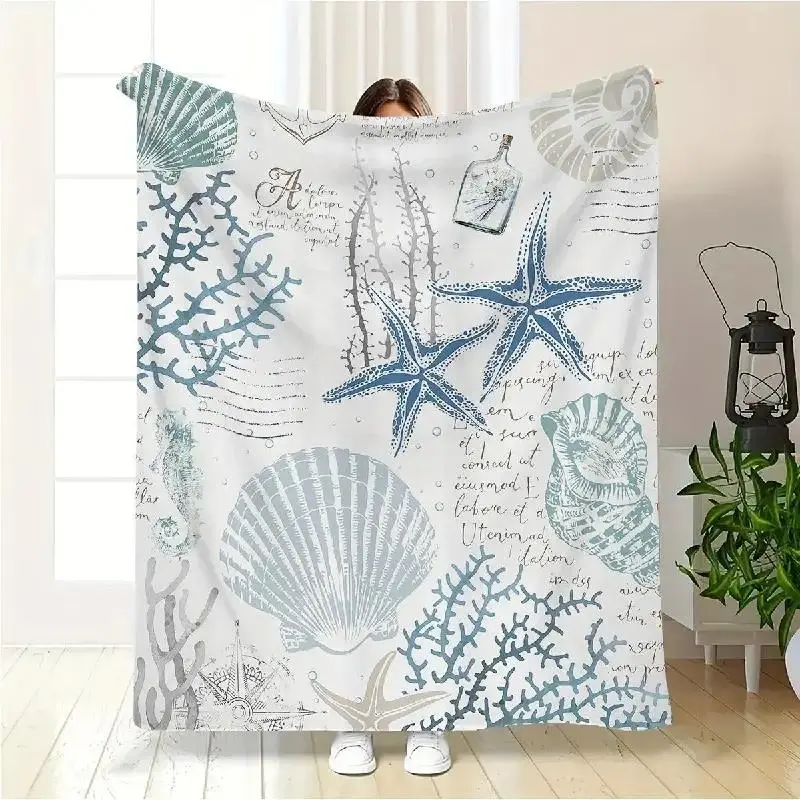 Contemporary Ocean-Themed Polyester Flannel Blanket - Machine Washable, Coastal Shell & Coral Print, Soft & Comfortable - Multi-Purpose for Travel/Camping, Home Decor - Ideal Gift, Coastal Print