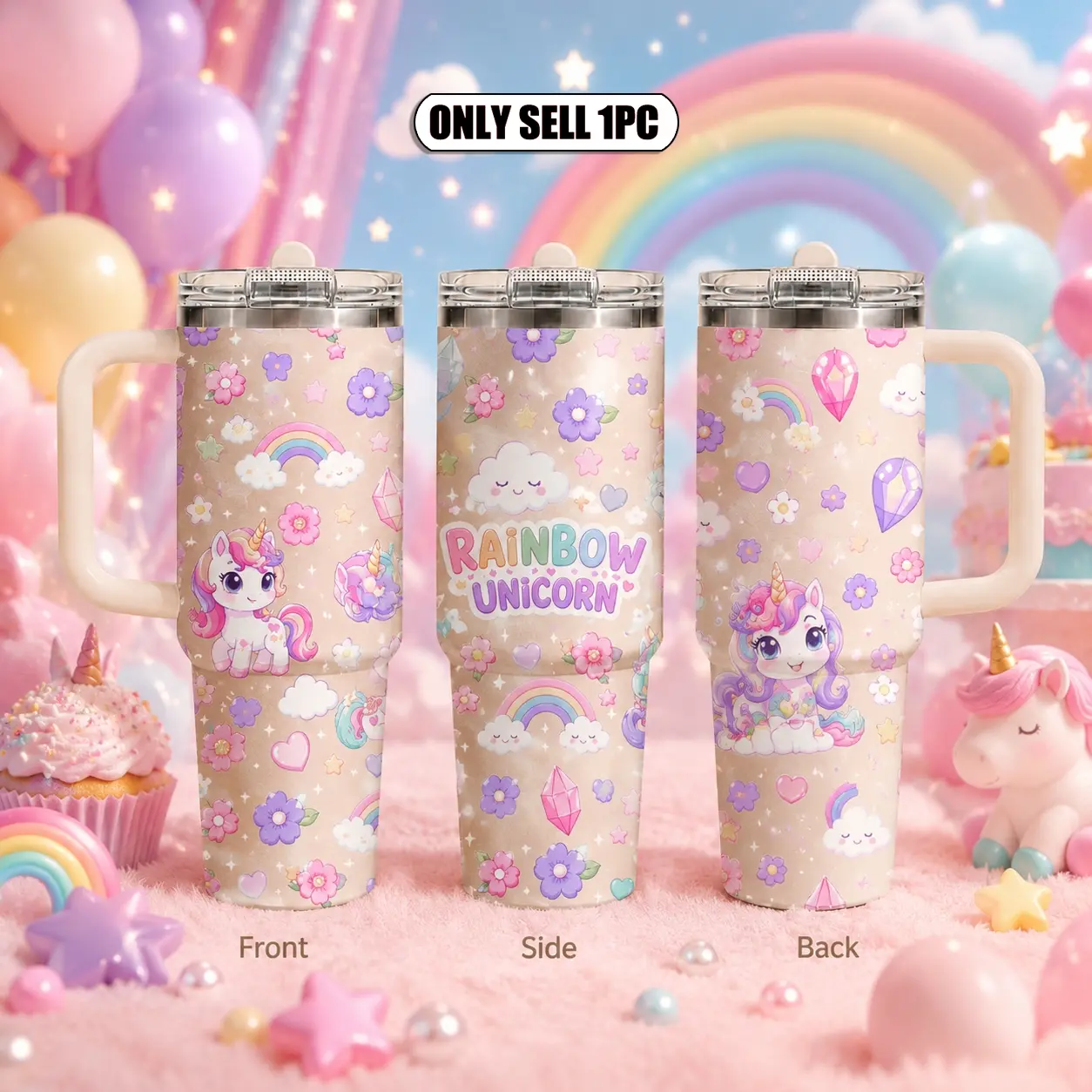 Cute Cartoon Unicorn Rainbow Vacuum Flasks 40oz 3rd Gen Vacuum Insulated Tumbler with Handle & Straw Lid, Leak-Proof Stainless Steel Travel Mug for Water, Coffee, Gym, Office, Car Cup Holder