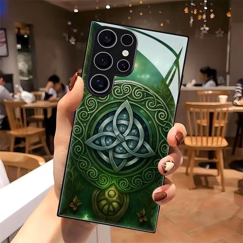 Mysterious Celtic Emerald Rune Black Tempered Glass Case, Suitable for Samsung Galaxy S26 S25 S24 S23 S22Pro S21 S20 Fe Plus Ultra Pro A56 A55 A54 A53 A52 A51 A36 A35 A34 A32 A26 A25 A24 A23 A16 A15 A14 A06 A05 A03s