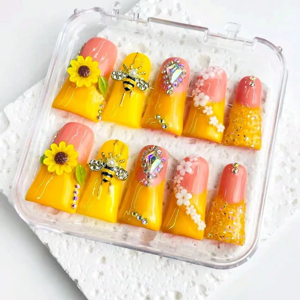 10 Pcs Press On Nails 3D Sunflower Bee Rhinestone Floral Glitter, Pink Yellow Ombre French Handmade Long Duckbill Acrylic, Reusable Salon Quality for Summer Vacation Beach Party Women Glue On Nails spring Pearl Chrome