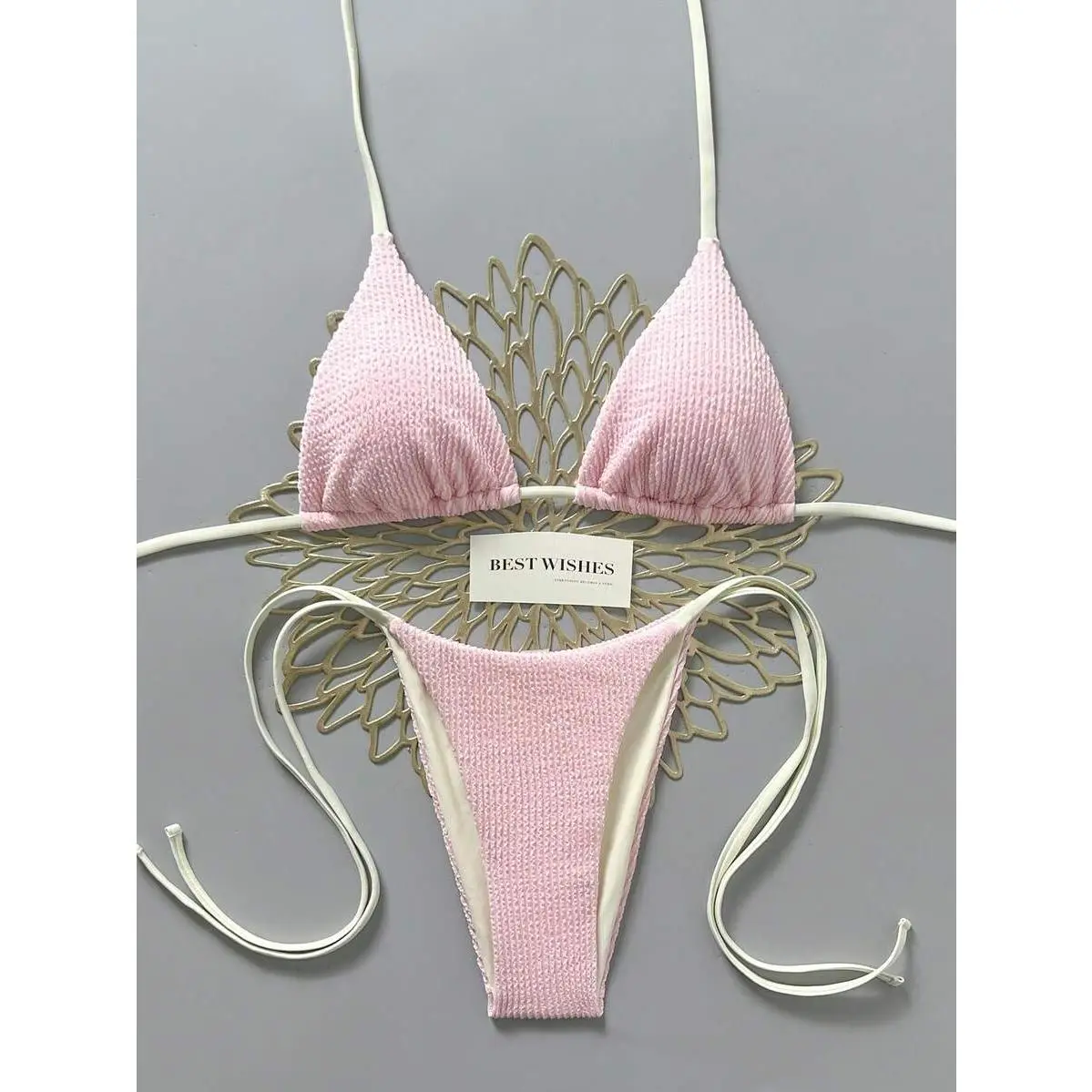 Women's Cute Pink Textured Halter Triangle Bikini Set, 2-Piece with Side Cut Outs and Tie Bottoms, Polyester Blend Female Set with Removable Padding, Beach Wear Outfits, Machine Wash, Two-Pieces