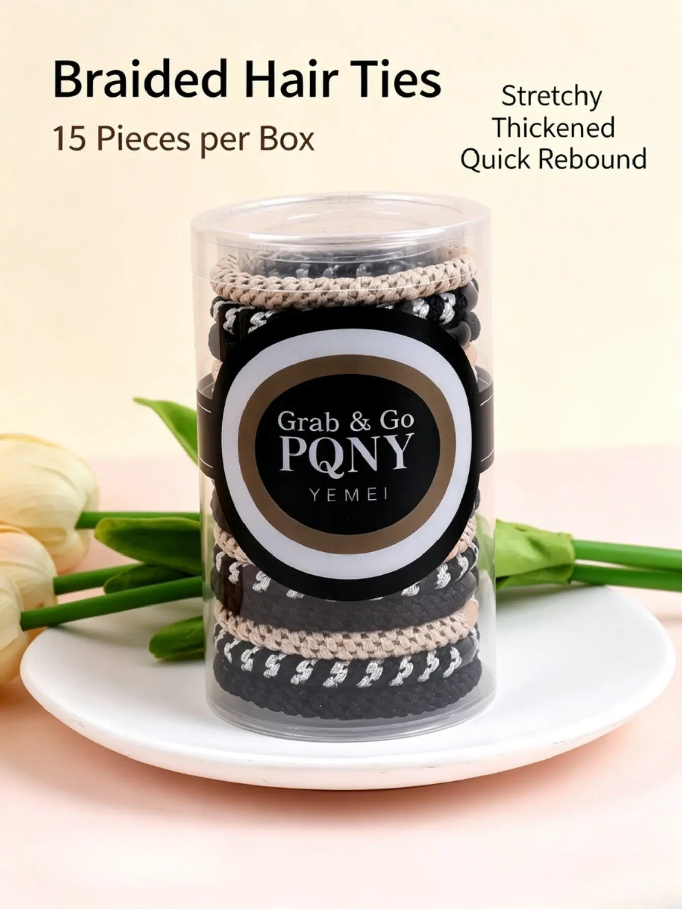 15 Pcs Braided Elastic Hair Ties In Cylinder Box, Thick Strong Stretch No Break Ponytail Hair Bands, Crease-Free Soft Daily Hair Ropes For Women All Hair Types, 5 Neutral Color Sets Available