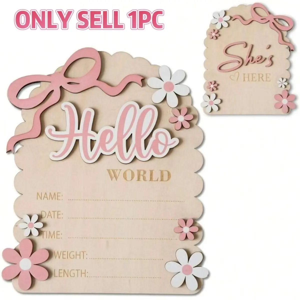 Newborn Wooden Floral Sign with Bow, Baby Growth Keepsake, Mother's Day Gift, Mothers Day Sign, Festival Gift, Plaque And Sign, 1pc Hello World Newborn Wood Plaque