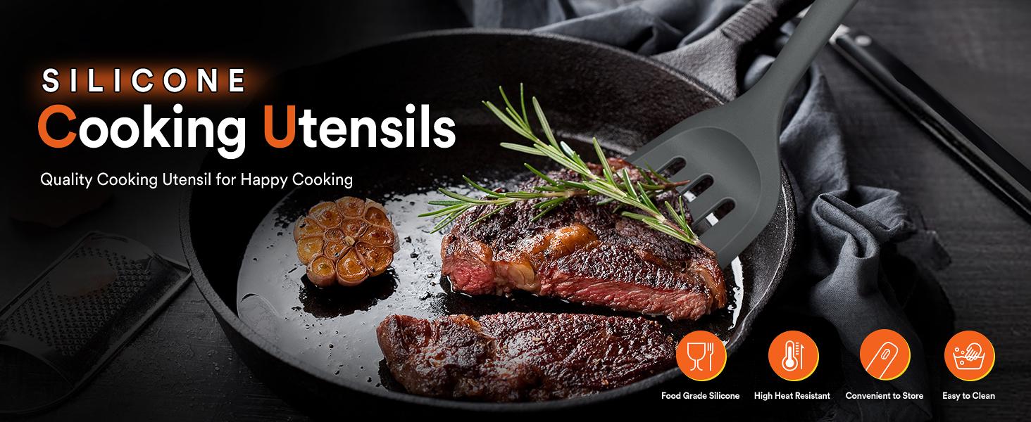 Silicone Cooking Utensils Set, Perfectly Angled for Frying, Mixing,Serving,Draining,Turning and Stirring, BPA-Free Matte Silicone, Wood Handles, Safe for Nonstick Cooking Surfaces,4 Pack (Grey)