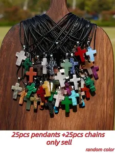 50pcs Natural Stone Cross Pendant Necklace Set, PU Leather Chains, DIY Jewelry Making, Thanksgiving & Easter Gifts