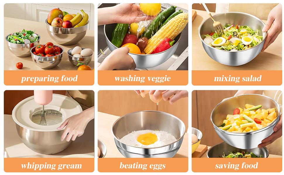 Mixing Bowls with Lids Set, 6 PCS Stainless Steel Mixing Bowls with 3 Grater Attachments, Kitchen Food Storage Organizers Nesting Mixing Bowl, Large Size 4.5, 3.5, 2.1, 1.5, 1.1, 0.7QT