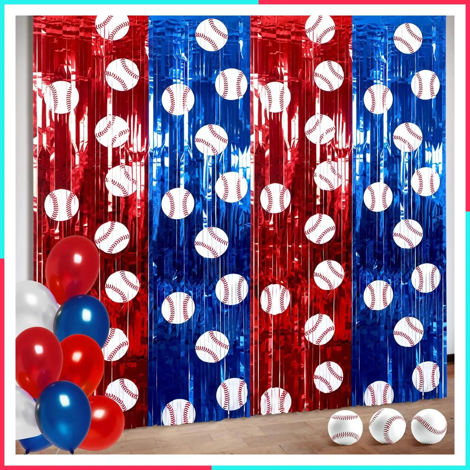 2 Pack Baseball Foil Fringe Curtain 3.3x6.6 ft Baseball Backdrop