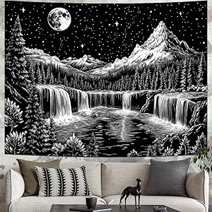 Black and White Tapestry Starry Night Mountain Tapestry Aesthetic Moon Wall Tapestry Nature Forest Tapestry Galaxy Space Tapestry Wall Hanging for Home Decor(51.2"x59.1")