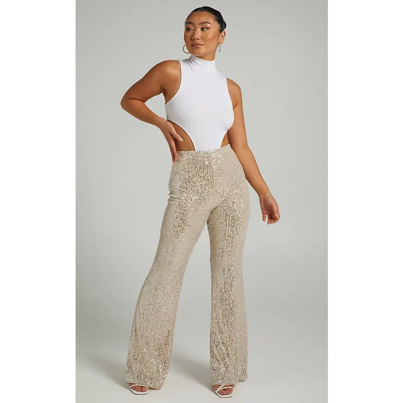 New wide-leg, casual, high-waisted, slim-fit, sequined women’s flared trousers