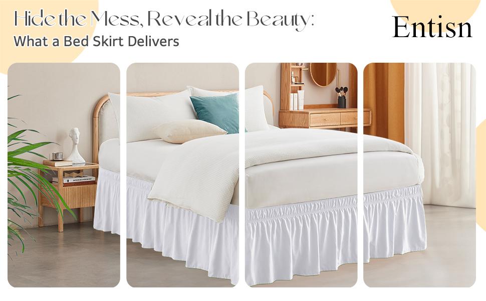 White Bed Skirt for Full & Queen Size Bed - with 14 Inch Tailored Drop, Wrap Around Bed Skirts with Elastic Belt for Easy Fitting - Wrinkle & Fade Resistant