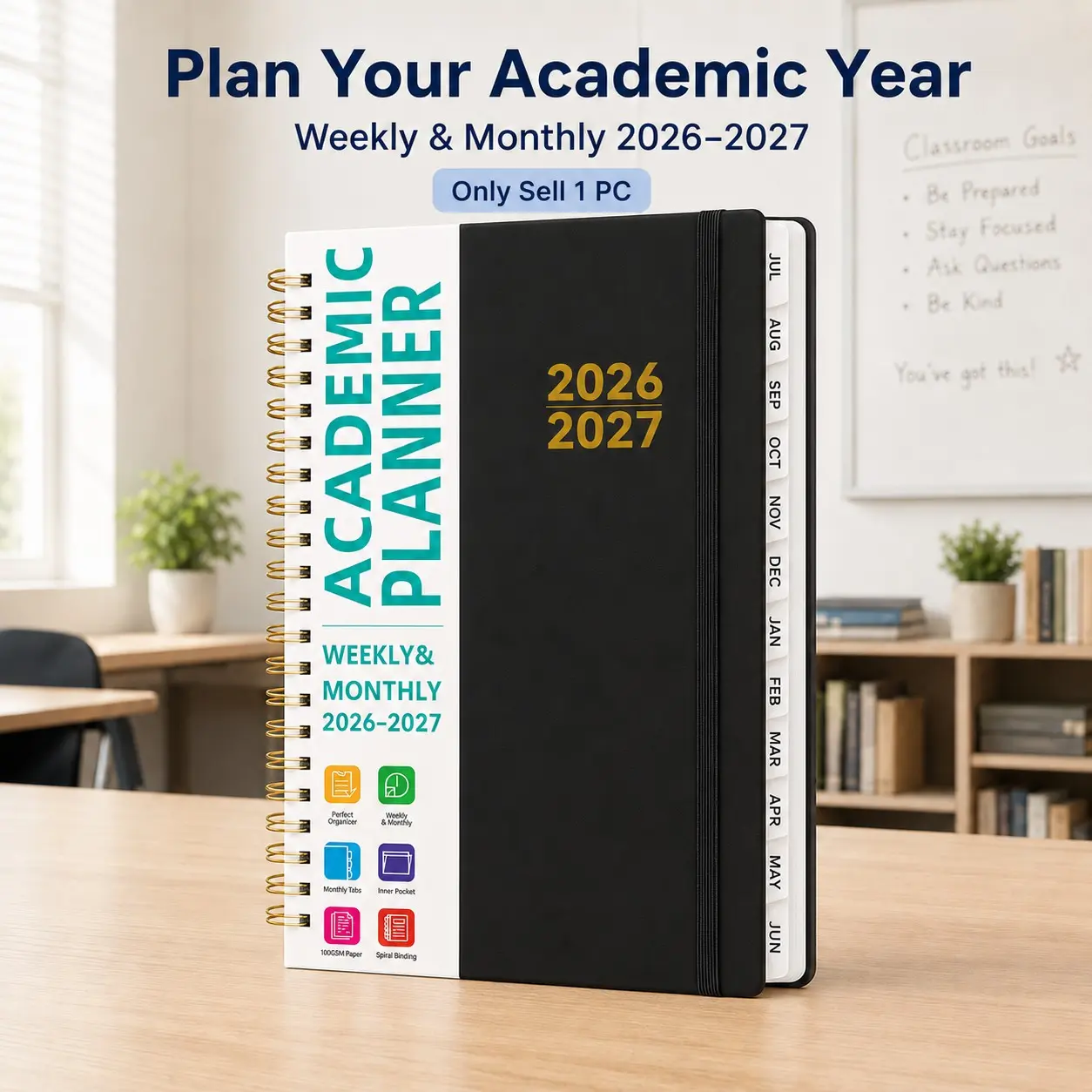 Planner 2026-2027, Academic Planner, Weekly and Monthly Calendar Planner, Weekly Appointment Book, Weekly Lesson Planner Includes Color Labels, Spiral Bound Hardcover Agenda Book with Tabs, Inner Pocket for School, Office and Teacher Use