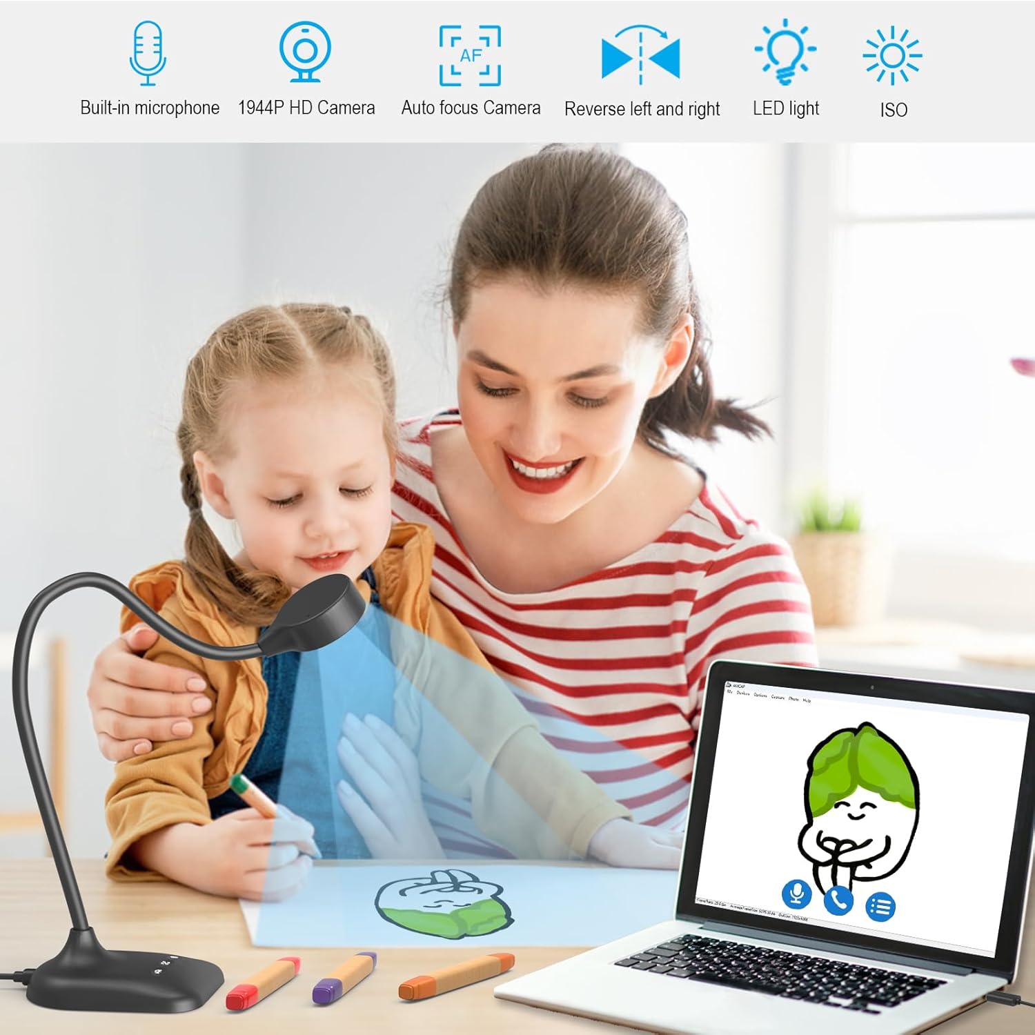 Document Camera for Teachers, Doc Camera, USB Visualizer with LED Light, Auto Focus, Image Invert, Fold, For  OS, Windows, Chromebook