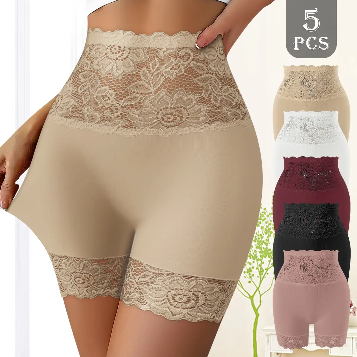 QUASTI 5PCS Women's High Waist Lace Boxers Panties, Breathable Full Coverage Anti-Chafe Boyshorts, Hollow Floral Scalloped Lace Waist & Leg Trim, For Dresses, Womenswear, Sizes S-XXL