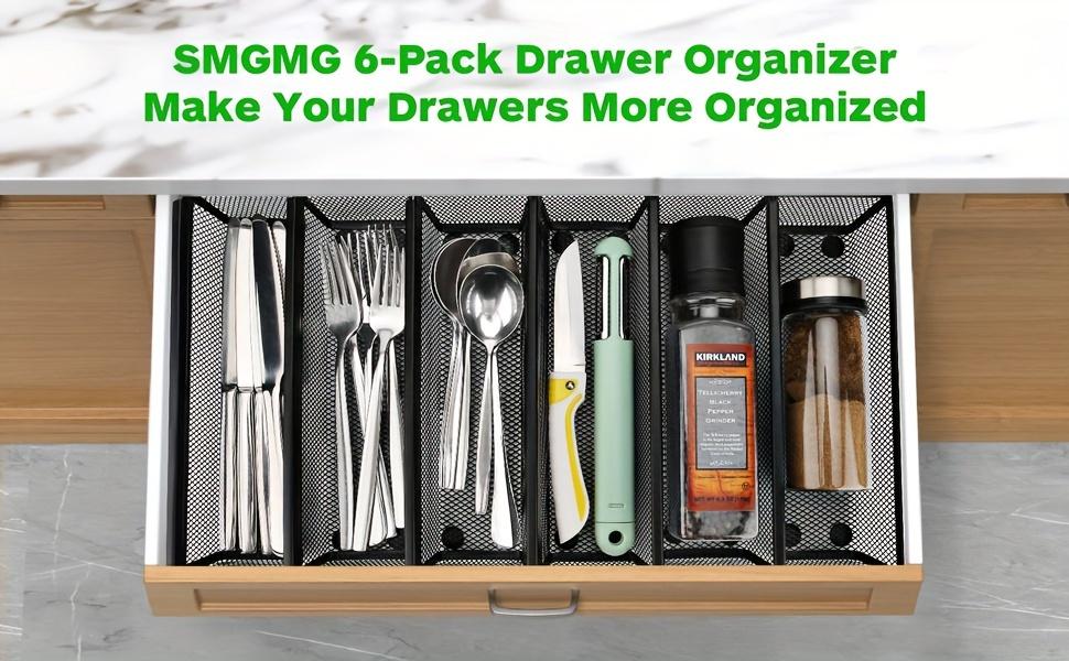 6pcs Expandable Kitchen Drawer Organizer for Cutlery and Silverware - Durable Metal, Lightweight Design with Interlocking Arms for Easy Storage (24.38x7.62x5.08 cm)
