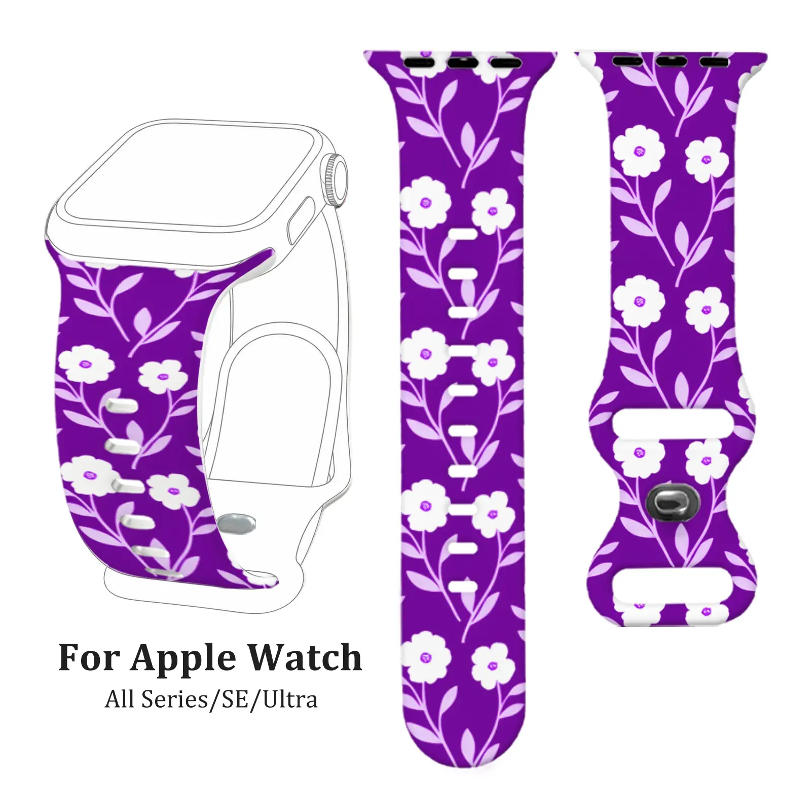 Purple White Floral Vine Print Silicone Strap, Waterproof Sweatproof Soft Fit, For Apple Watch Series 4/5/6/7/8/9/10 SE1/2 Ultra1/2/3, Women Girls, Office Yoga Travel, Thanksgiving Gift