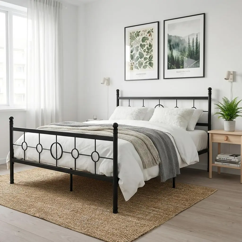 Garvee Metal Bed Frame with Vintage Circular Headboard and Footboard, Heavy-Duty Iron Platform, Available in Twin, Full, Queen, and King Sizes, No Box Spring Needed, Noise-Free, Easy Assembly, Black Finish