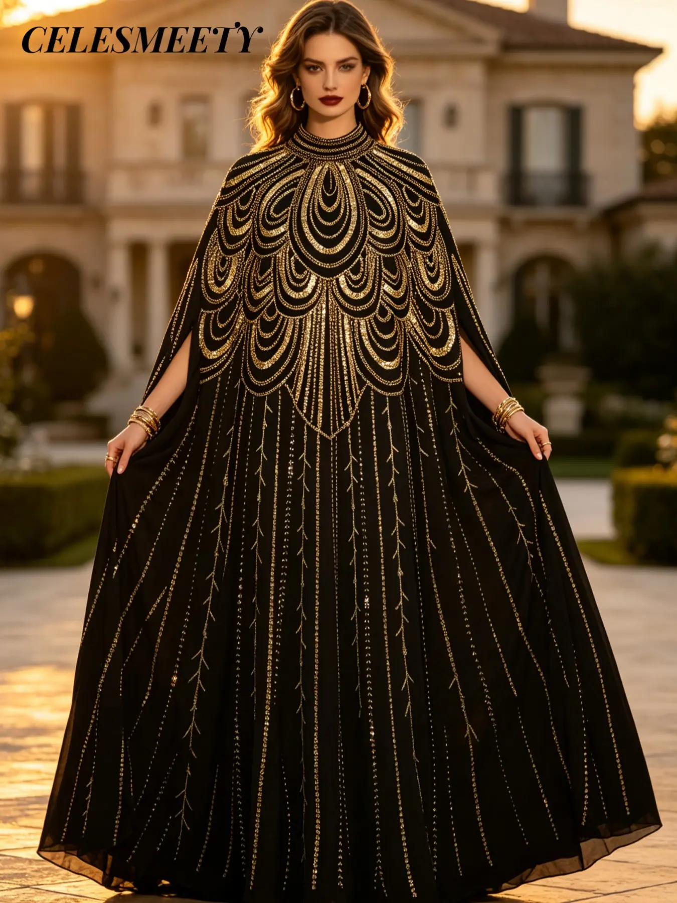 Celesmeety Elegant Sequin Embroidered Muslim Long Robe, Sleeveless Loose-Fit Pullover, Perfect for Weddings and Formal Events
