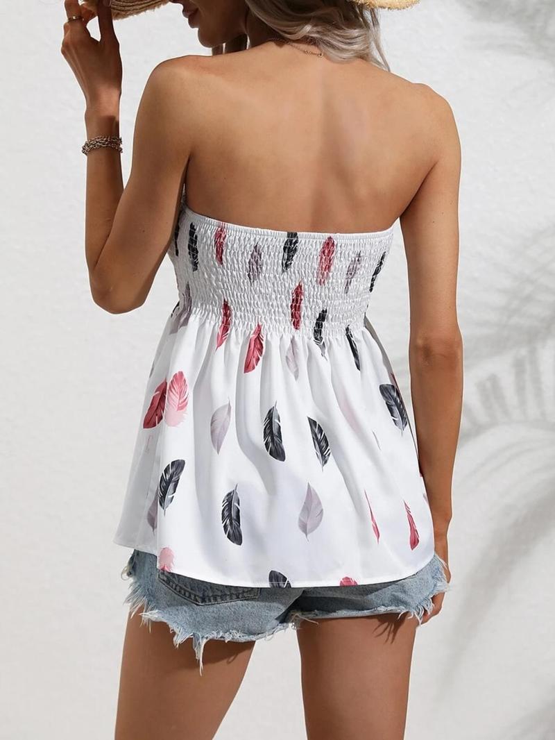 Plus Size Feather Print Shirred Peplum Tube Top, Boho Sleeveless Top, Casual Strapless Top for Beach Holiday Vacation, Women's Clothes for All Seasons
