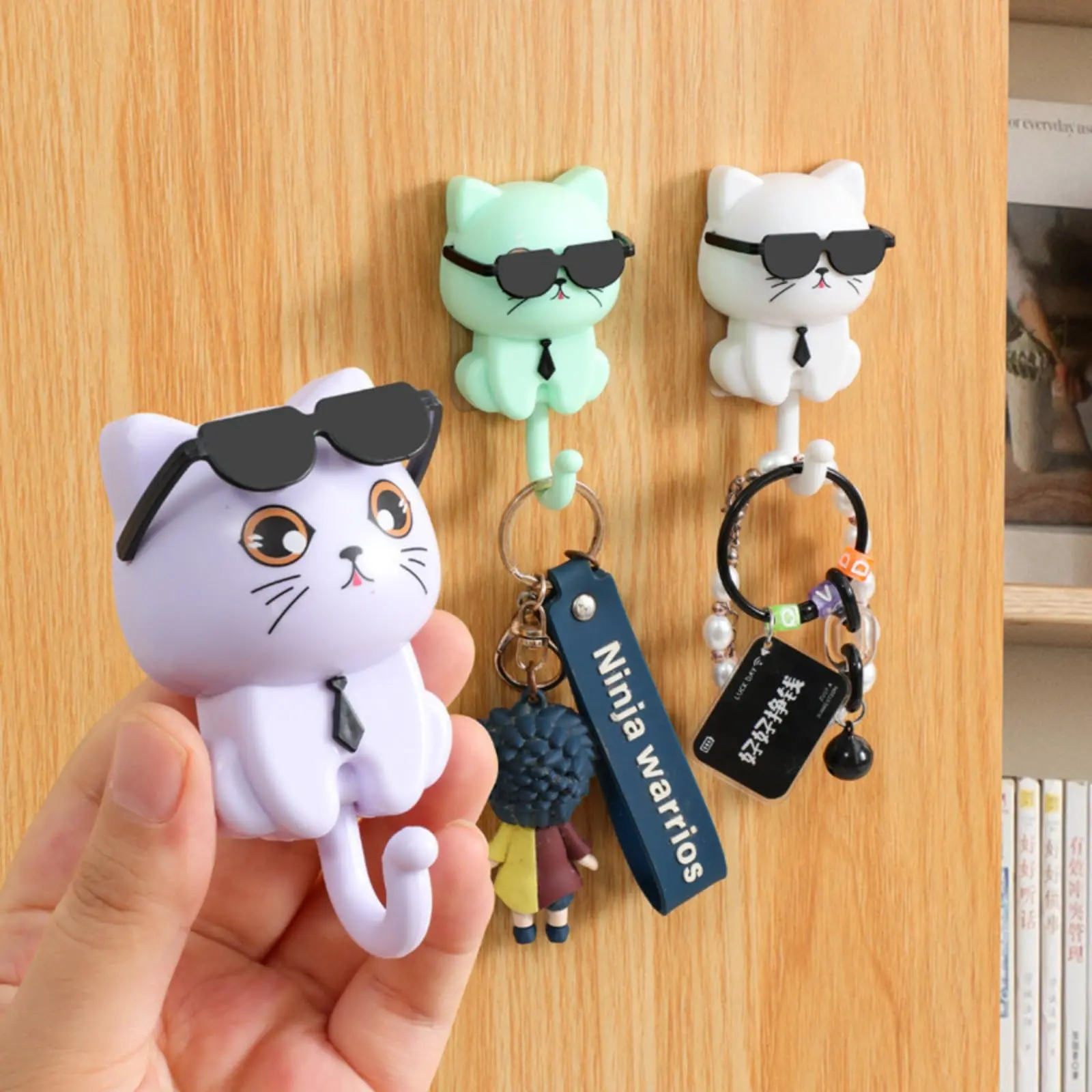 Cute Cartoon Cat Key Holder with Adhesive Wall Hooks, No Punch Door Hooks for Keys Hats & Coats, Removable Strong Grip