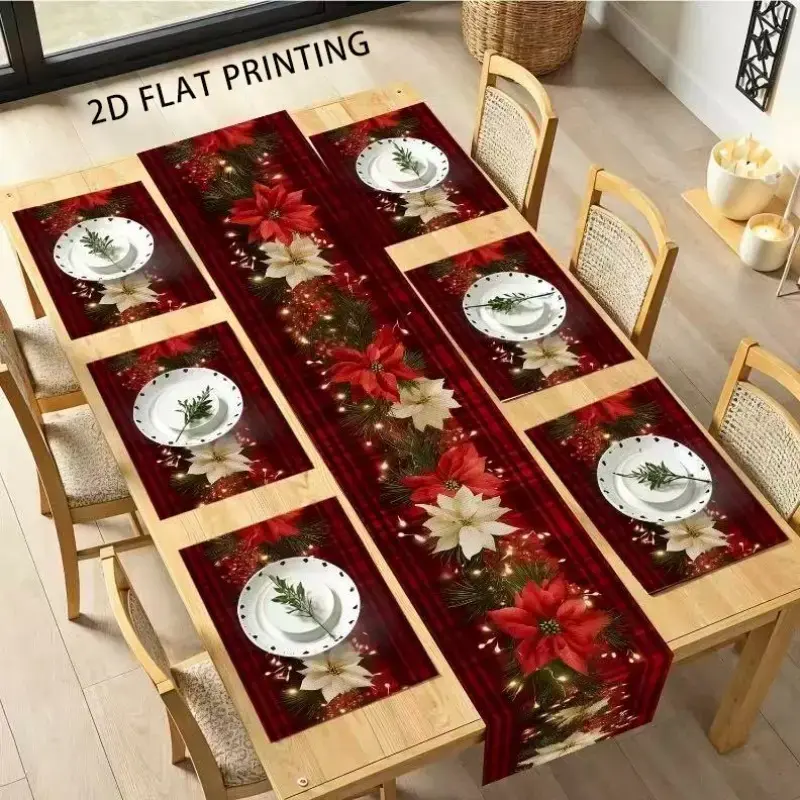 2D flat printing, 5/7 pcs set, Christmas table flag, Table Runners and placemats, red checkered one piece red flower design, for holiday dining, Christmas, New Year table decoration, Christmas decoration