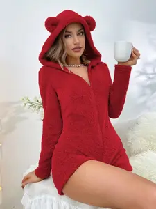 Women's Plain Hooded Romper, Long Sleeve Heart Pattern Sleepwear, Fall & Winter Fashion, Soft Comfortable Design, Casual Daily Wear