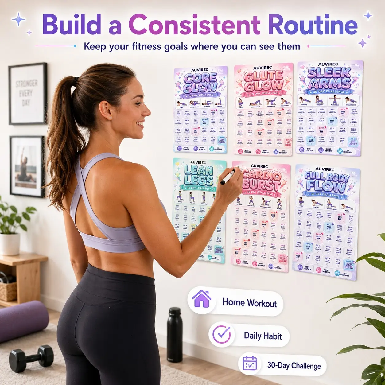 Auvirec 6-Piece Pet Dry Erase Fitness Planner Set, 30-Day Home Workout Challenge, Reusable Training Tracker, Includes Marker Pen