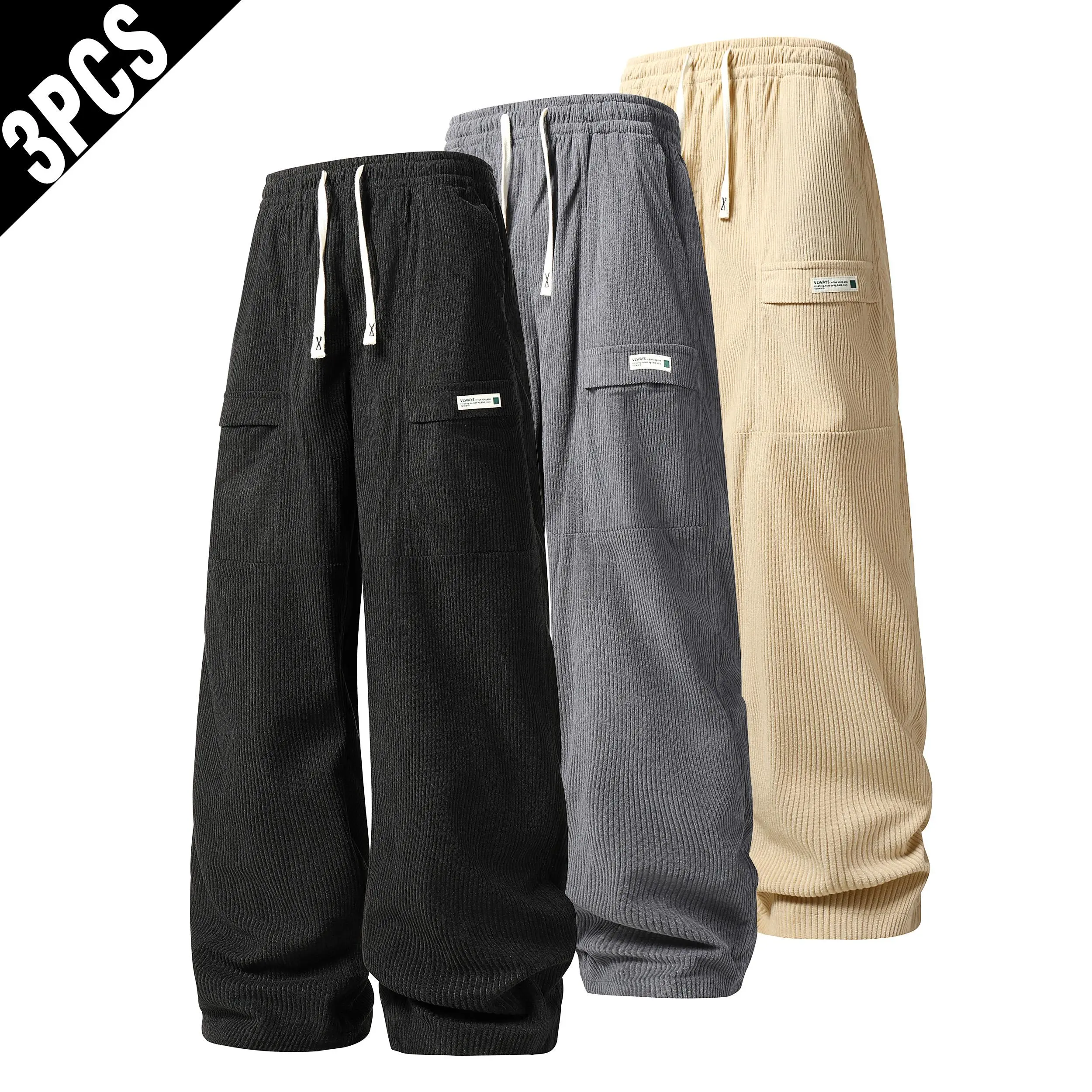 Men's 3-Pack Corduroy Cargo Pants - Menswear Loose-Fit Wide Leg Trousers with Drawstring Elastic Waist, Patch Pockets, Vintage Streetwear for All Seasons