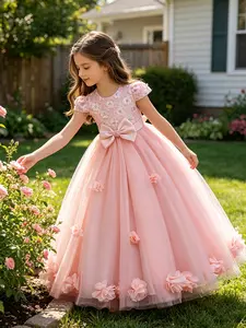 Girls' Princess Birthday Dress Summer 2026 New Host Performance Puff Skirt, Summer Mesh Dress, Elegant Kids' Evening Gown