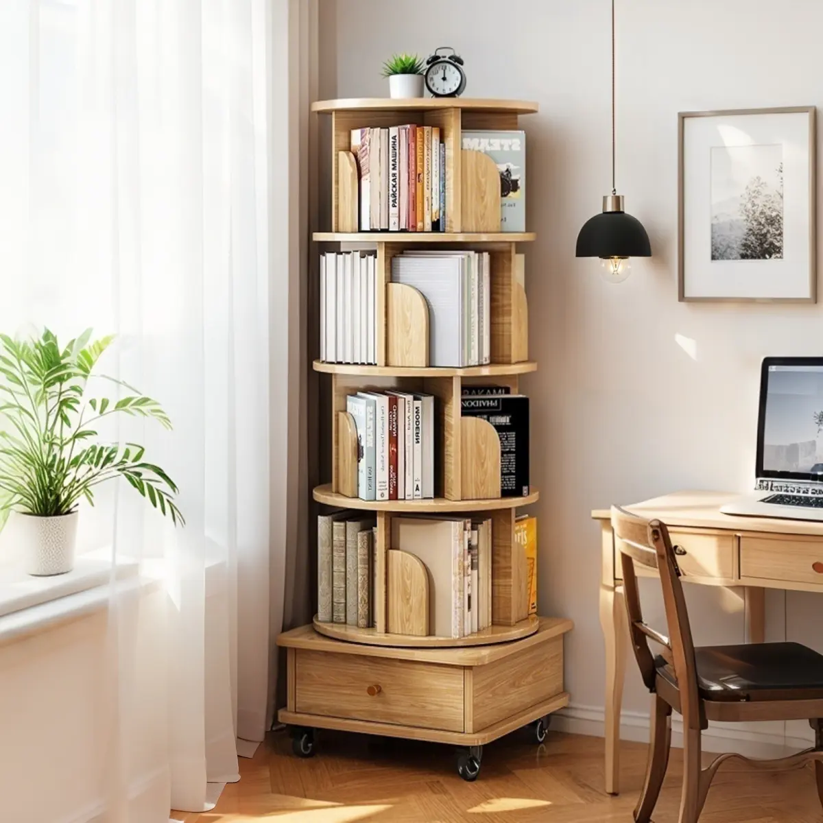 5-Tier 360° Rotate Natural Wood Round Tower Bookshelf, Easy-Install Rustic Look Spinning Bookshelf with Wheels, Space-Saving Office/Bedroom Furniture