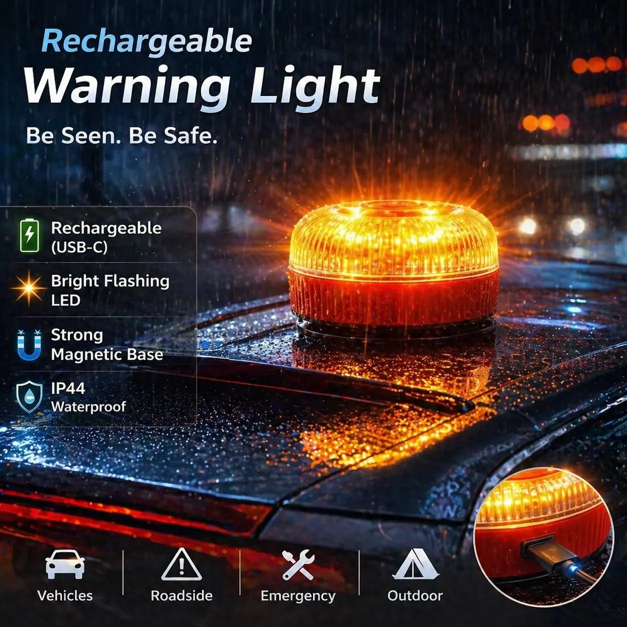 V16 Spain Flasching LED Emergency Light, USB Rechargeable, Magnetic Induction, Auto Strobe Flashing, Warning Light, Help Flash Safety