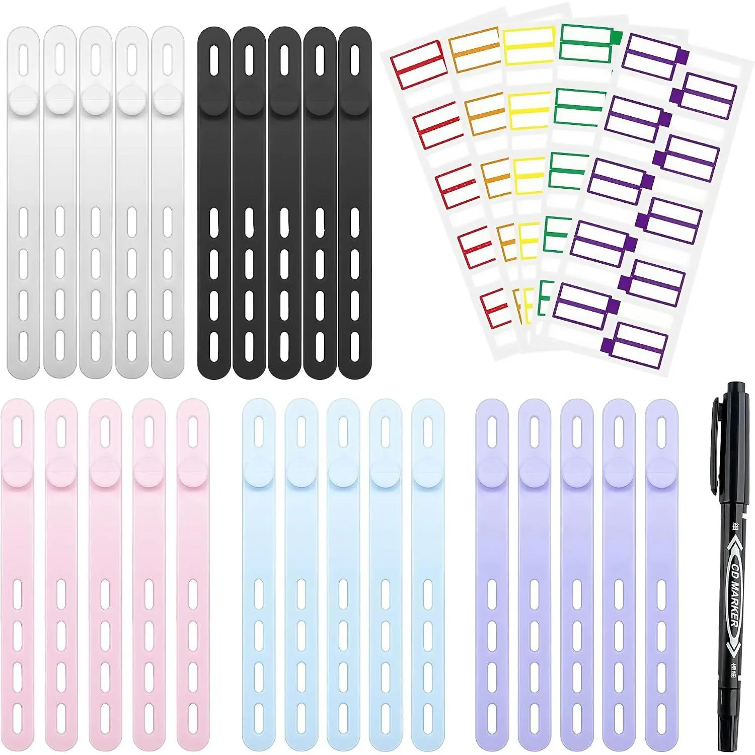 Labels and   Ties Set, 76- Cord Organizer with 25  Straps, 50 Write- Tags and -Tip Marker for , Office and Travel